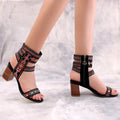 Hand Wave Embroidery Middle Chunky Heel Open Toe Sandals