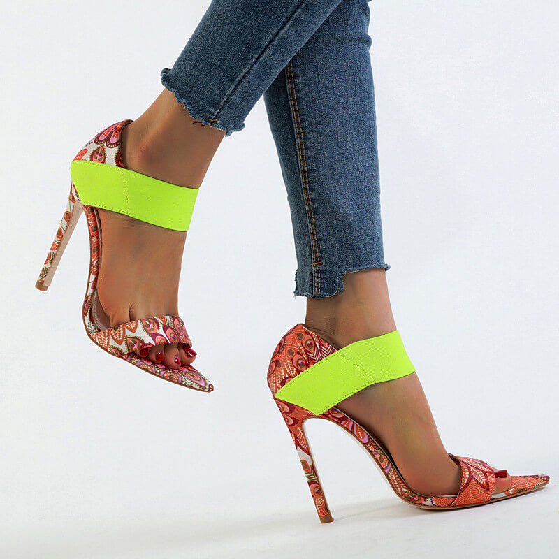 Leather High Heel Print Pointed Toe Sandals