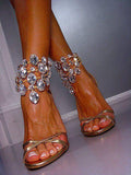 Golden Color Rhinestone Ankle Wrap Stiletto Heel Sandals - Oh Yours Fashion - 2