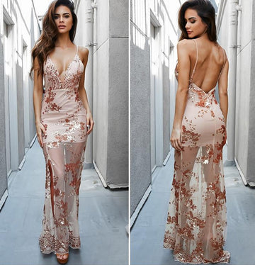 Sexy Backless Sequins Spaghetti Strap Long Dress