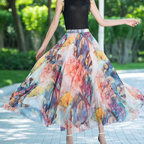 Floral Print High Waist Bohemian Chiffon Long Swing Beach Skirt