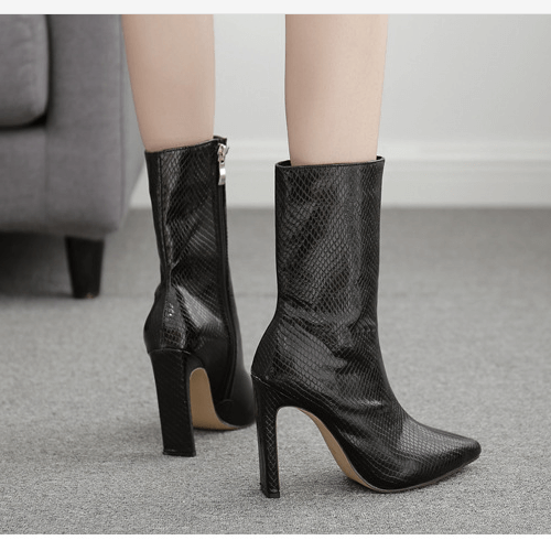 Leather High Heel Boots Pointed Toe Calf Boots