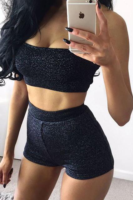 Pure Color Strapless Crop Top with Skinny Shorts Two Pieces Set