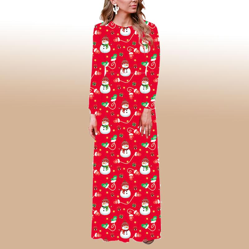 Christmas Crewneck Snowman Print Maxi Dress