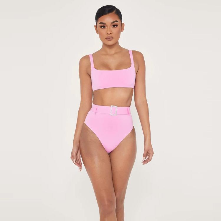 Pink Plain Buckle High Rise Triangle Bikinis