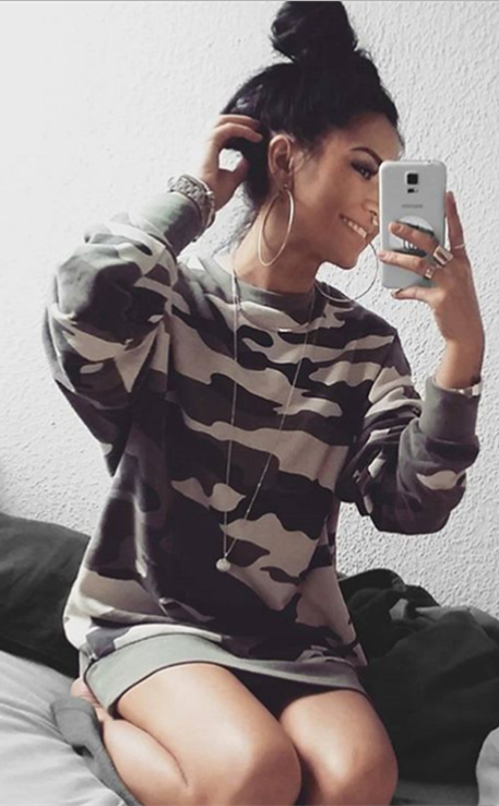 Scoop Camouflage Long Sleeves Fashion Long Sweatshirt - Oh Yours Fashion - 1