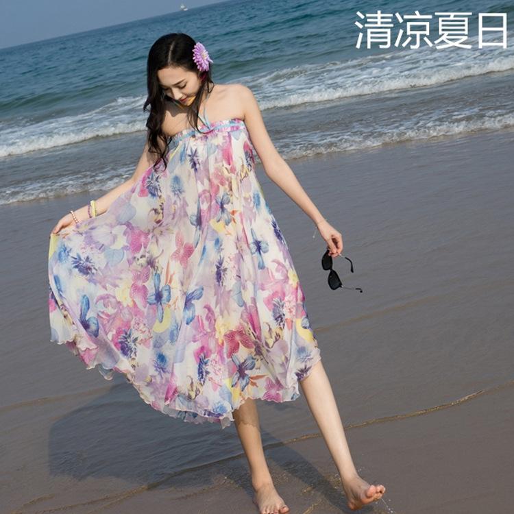 High Waist Bohemian Flower Print Loose Long Swing Chiffon Beach Skirt