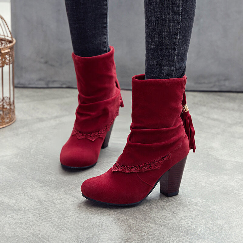 Winter Fringe Suede High Chunky Heel Calf Boots