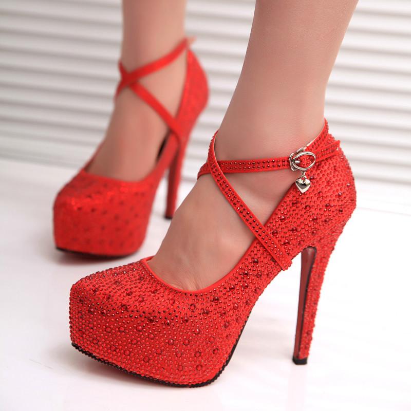 Round Toe Shinning Rhinestone Ankle Wraps Stiletto High Heels Party Shoes