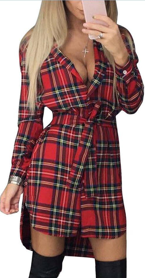 Long Sleeves Plaid Long Shirt Blouses With Belt - Oh Yours Fashion - 3