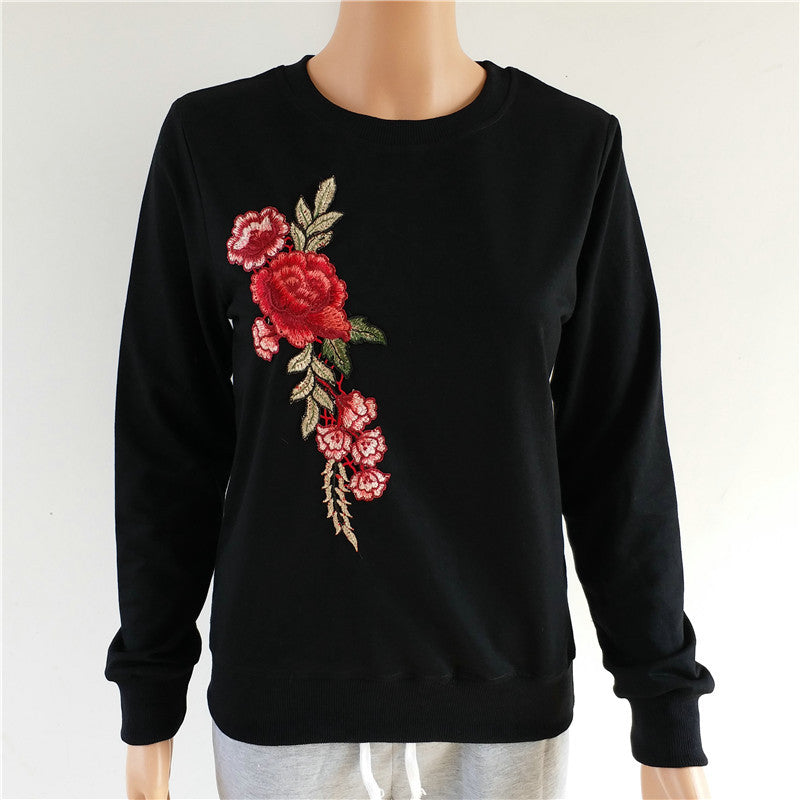 Flower Embroidery Round Collar Long Sleeves Sweatshirt