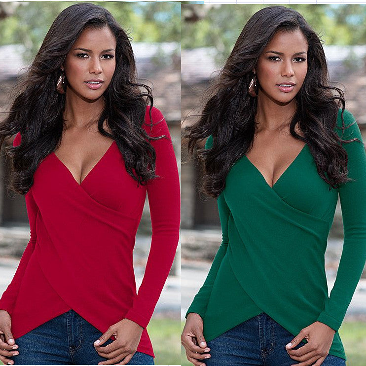 Deep V-neck Long Sleeves Skinny Pure Color Cross Wrap Blouse - Oh Yours Fashion - 1