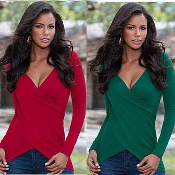 Deep V-neck Long Sleeves Skinny Pure Color Cross Wrap Blouse - Oh Yours Fashion - 1