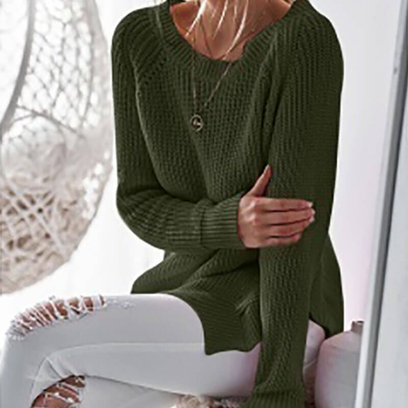 Oversized Slit Pure Color Knit Pullover Sweater