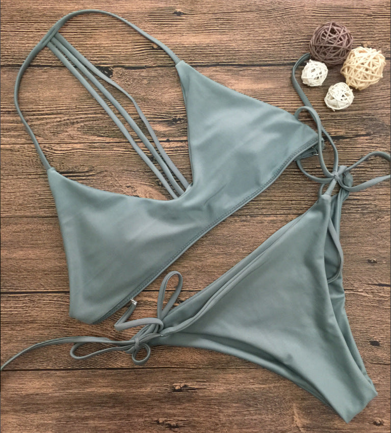 Pure Color V-neck Straps Lace Up Backless Bikini Set