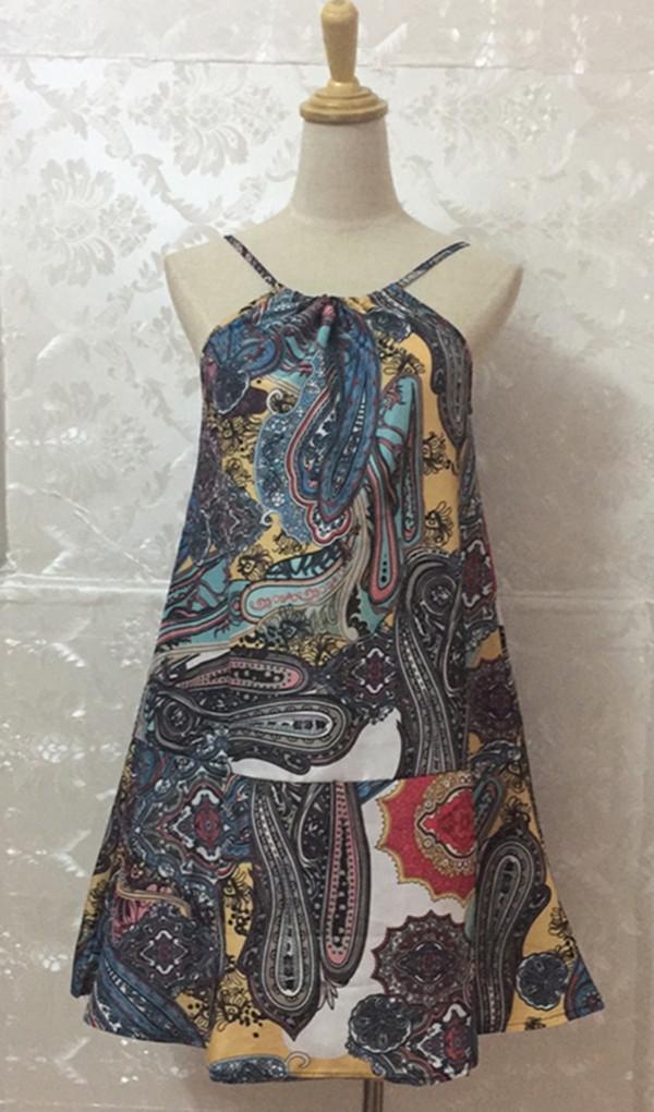 Bohemian Bear Shoulder Spaghetti Straps Sleeveless Print Short Dress