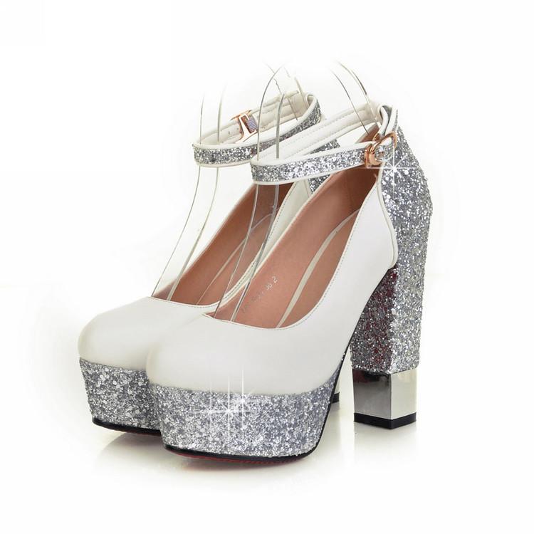 Shinning Rhinestone Platform Round Toe Low Cut Ankle Wrap High Chunky Heels Prom Shoes