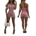 Off Shoudler Striped Crop Top with Slim Shorts Two Pieces Set