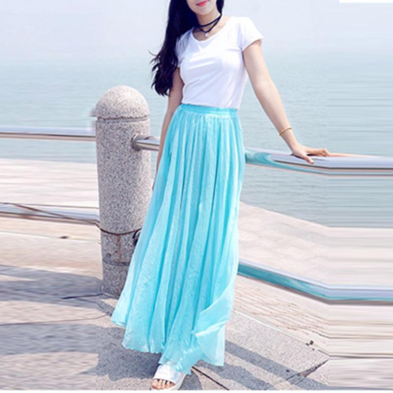 Pure Color Big Hemline High Waist Long Swing Beach Chiffon Skirt