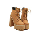 Cool Round Head Block Color Chunky High-Heeled Boots