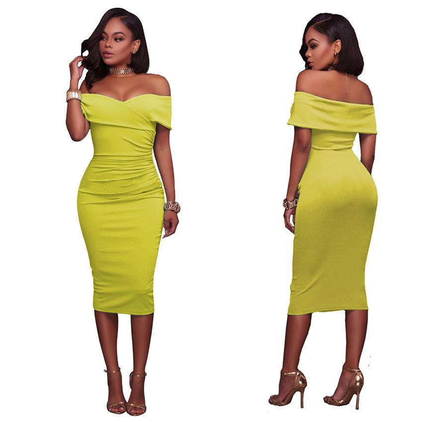 Off Shoulder Short Sleeves Pure Color Bodycon Knee-length Dress