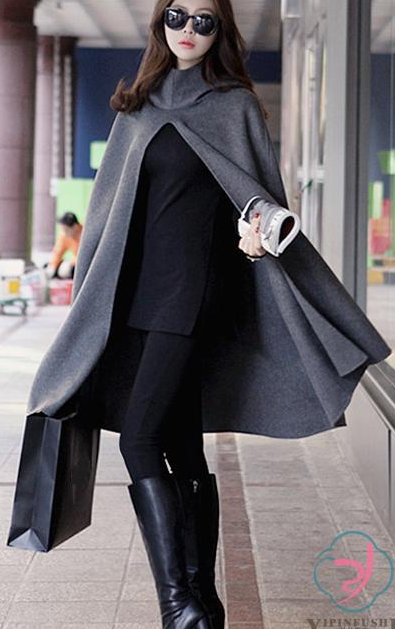 High Neck Long Sleeves Hooded Wool Cloak Coat - Oh Yours Fashion - 3