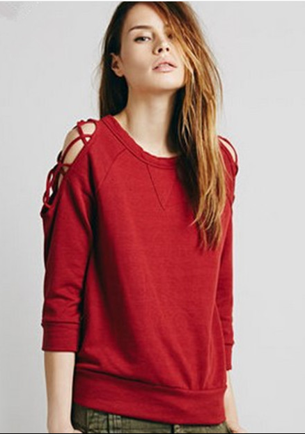 3/4 Sleeves Scoop Pullover Slim Solid Color Sweatshirt - Oh Yours Fashion - 3