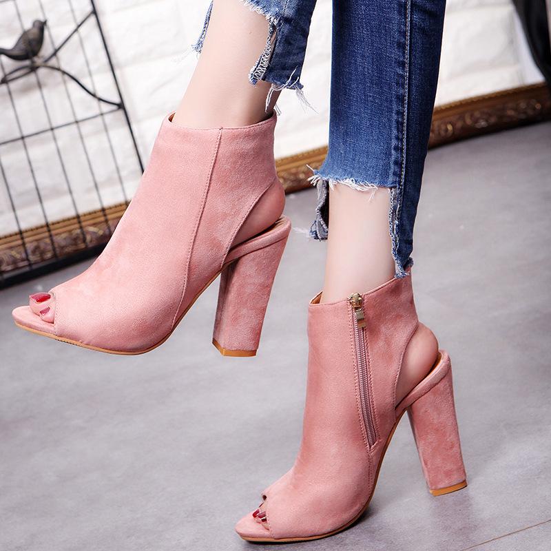 Ankle Strap Suede Chunky Heel Peep-toe Short Boots Sandals