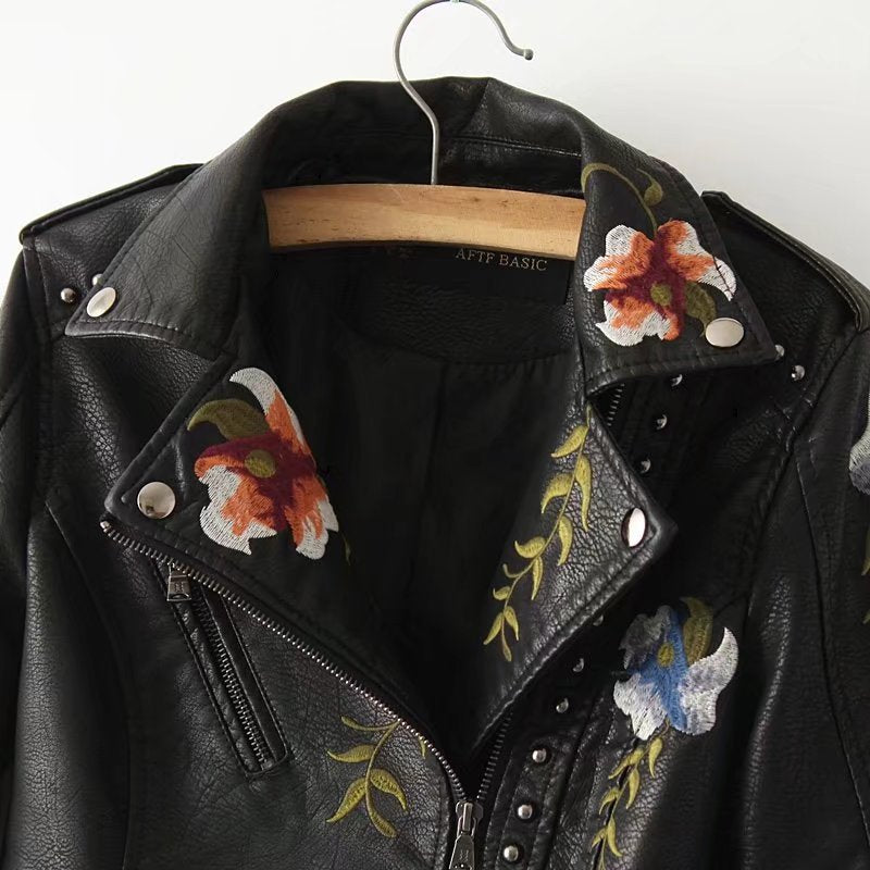 Label Rivets Zippers Embroidery Women Short PU Jacket