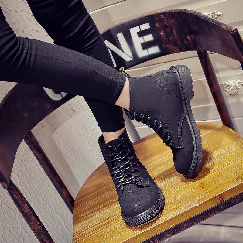 European British Style Lace UP Round Toe Low Block Heel Ankle Martin Boots