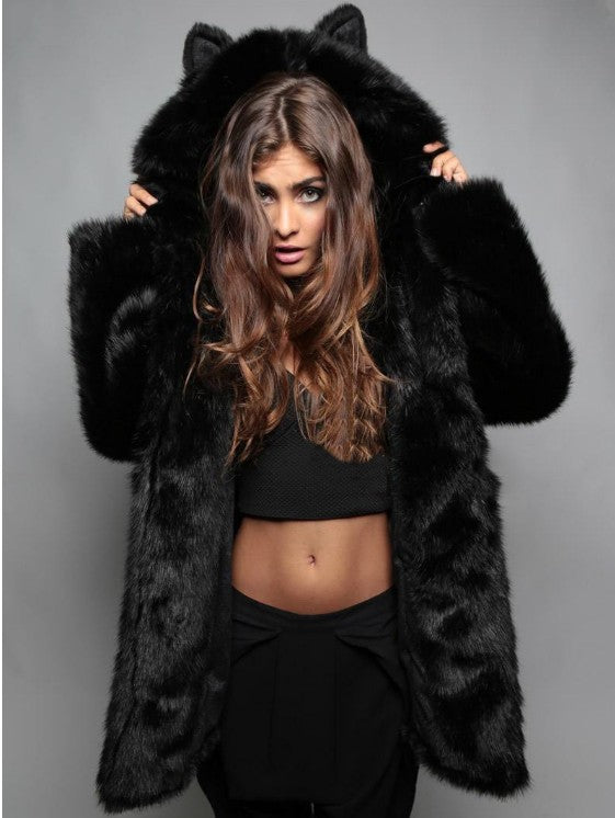 Faux Fox Fur Women Cat Style Oversized Coat