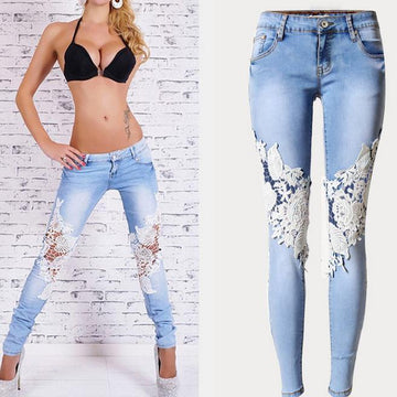 Lace Patchwork Hollow Low Waist Straight Jeans - OhYoursFashion - 1