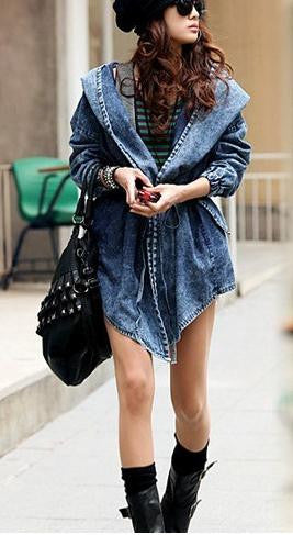 Hooded Irregular Belt Casual Mid-length Long Sleeves Denim Coat - Oh Yours Fashion - 2