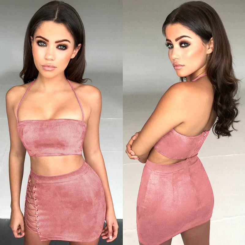 Straps Halter Backless Crop Top with Hollow Out Short Skirt Two Piece Set