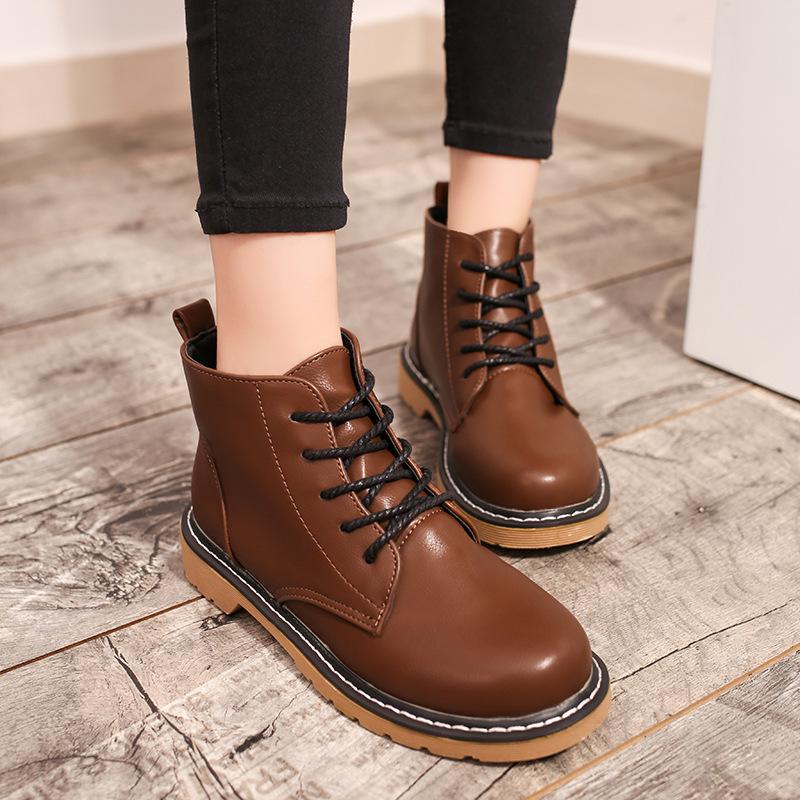 Pure Color PU Chunky Heel Round Toe Lace-Up Short Martin Boots