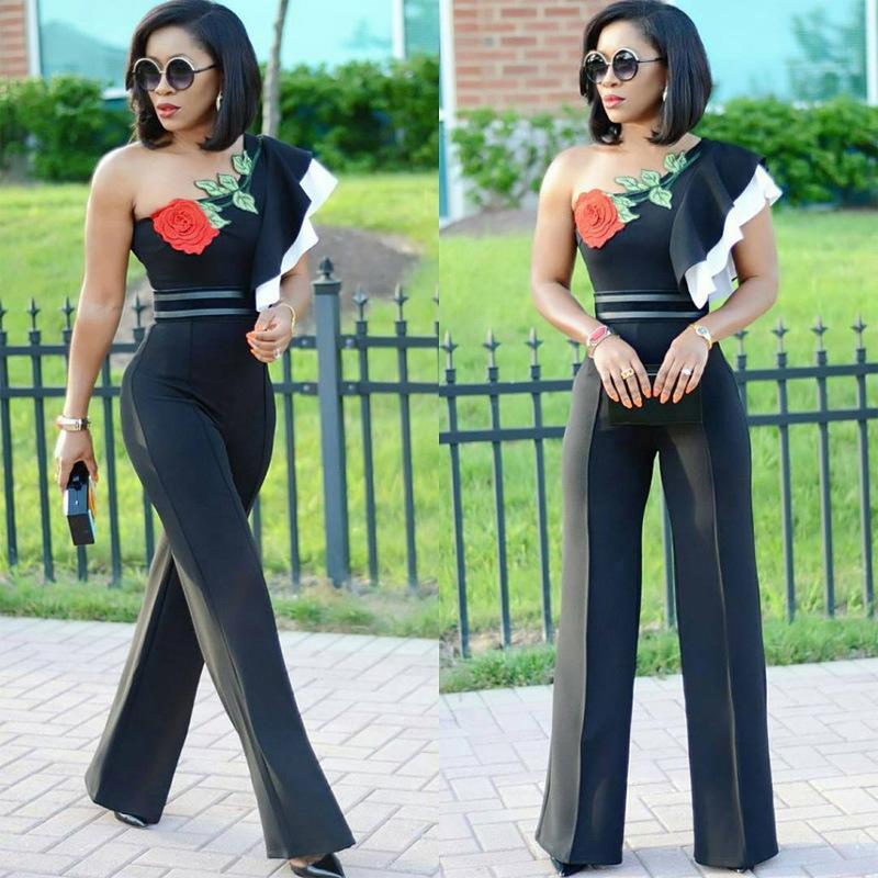 One Shoulder Embroidery Flower Long Wide Leg Jumpsuits