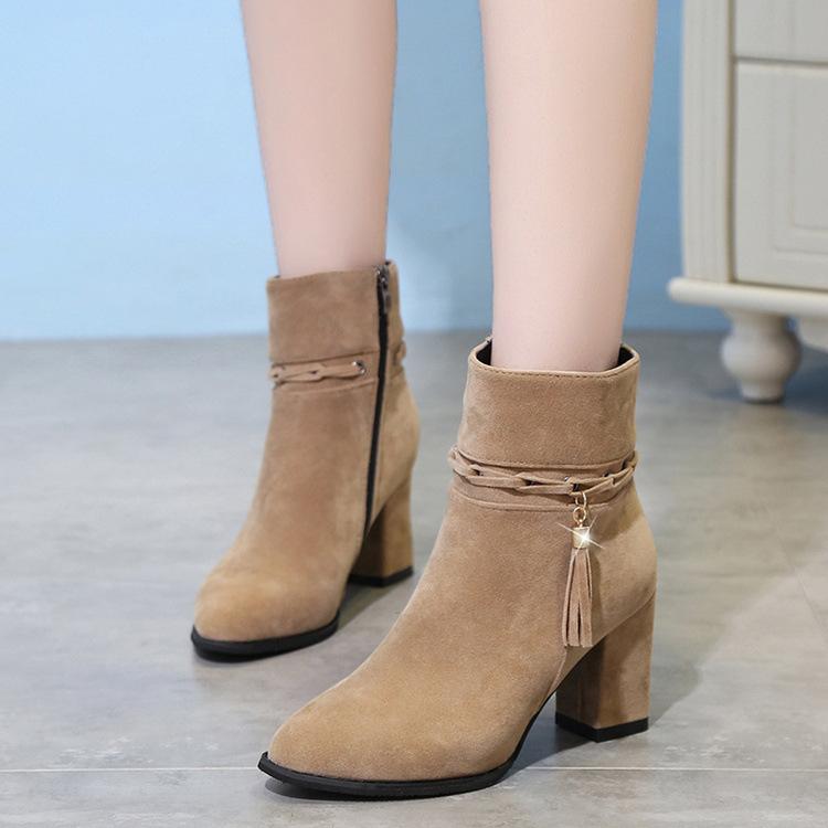 Tassels Crystal Pointed Toe Middle Chunky Heel Short Boots