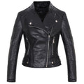 Stand Collar Lapel Oblique Zipper Women Slim Cropped Motorcycle Jacket