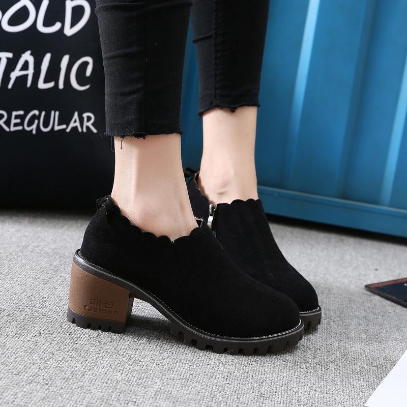 Round Toe Low Cut Zipper Middle Block Heel Ankle Boots