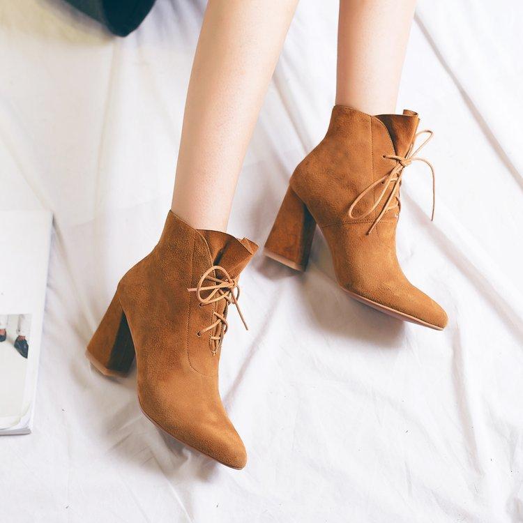 Pure Color Pointed Toe Suede High Chunky Heel Lace Up Short Boots