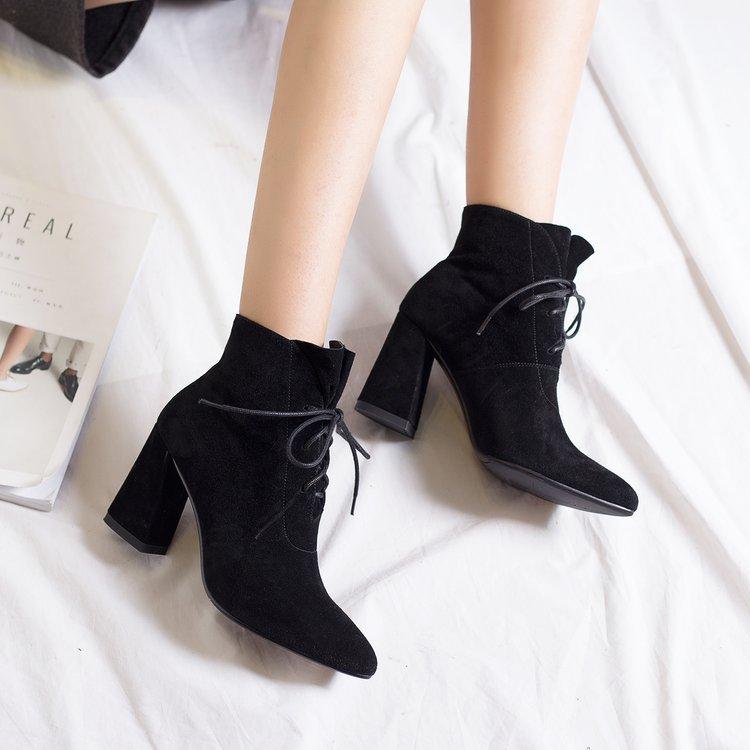 Pure Color Pointed Toe Suede High Chunky Heel Lace Up Short Boots