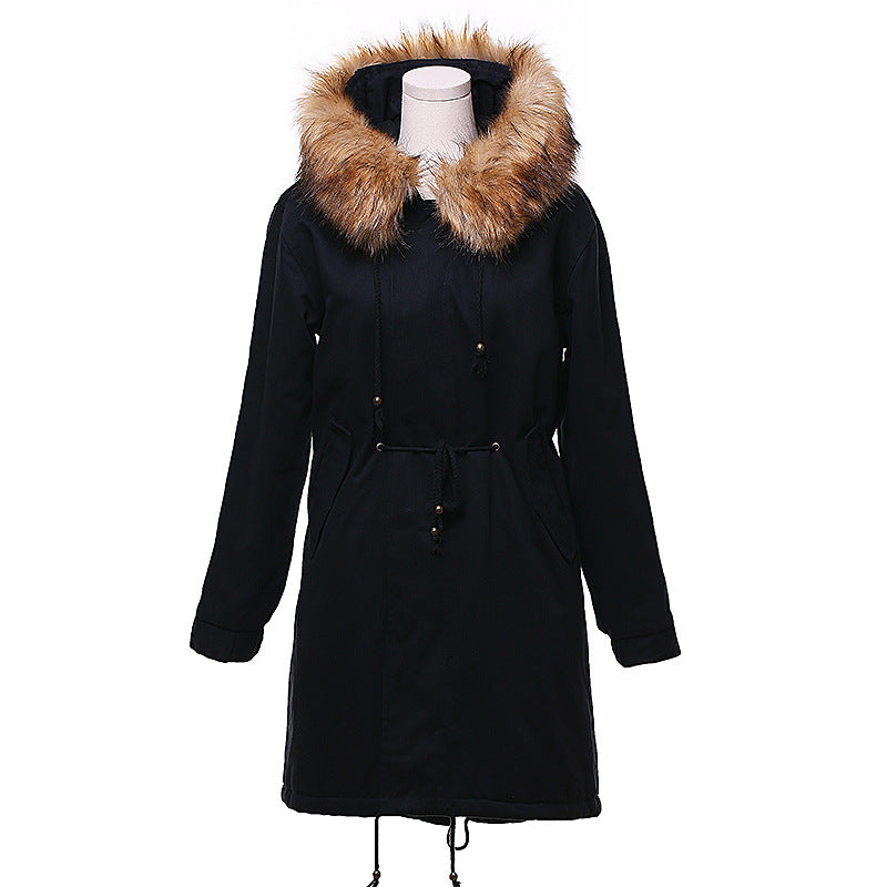 Faux Fur Collar Drawstring Pockets Women Loose Oversized Coat