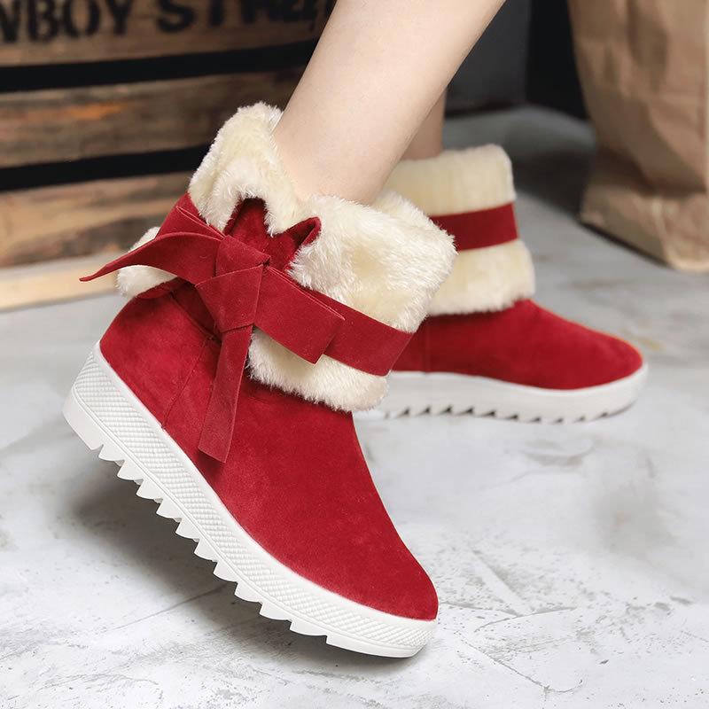 Scrub Pure color Bow Tie Slope Heel Round Toe Short Snow Boots