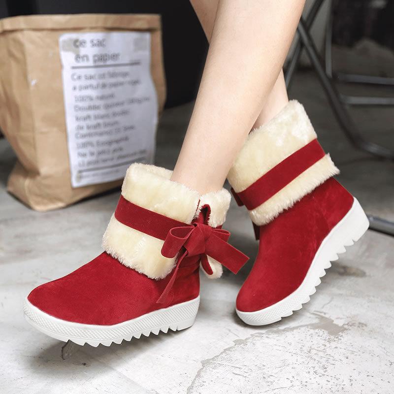 Scrub Pure color Bow Tie Slope Heel Round Toe Short Snow Boots