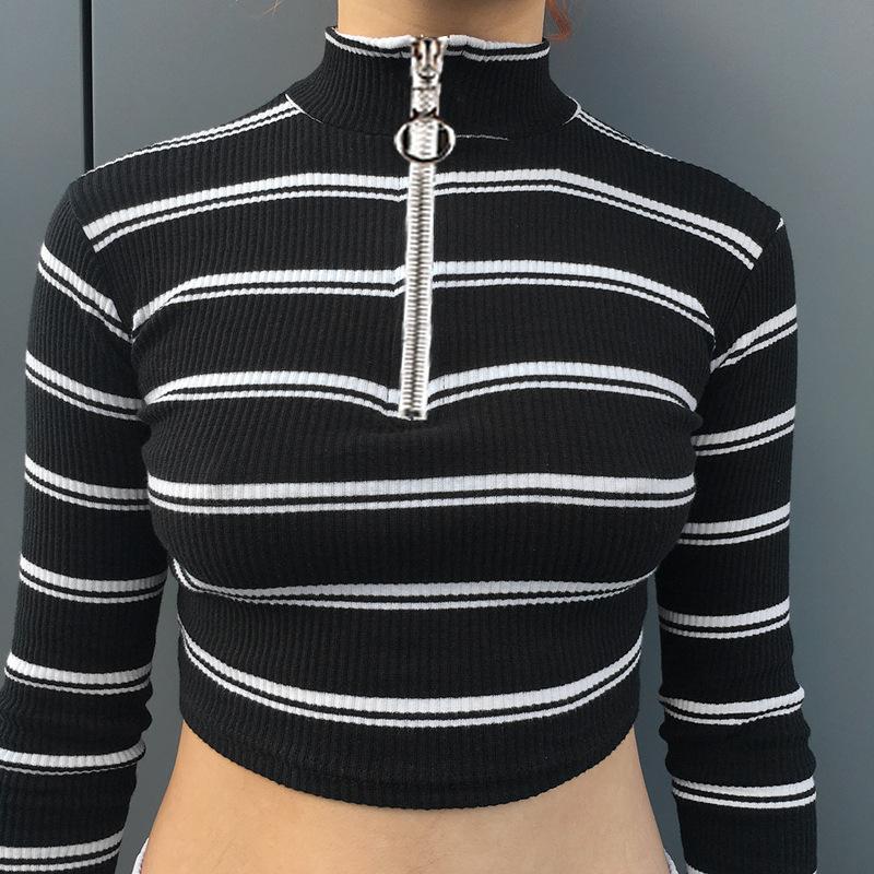 High Neck Striped Zipper Long Sleeves Short Crop Top