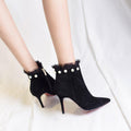 Lace Beadings Decorate Pointed Toe Side Zipper Middle Heel Short Boots Party Shoes