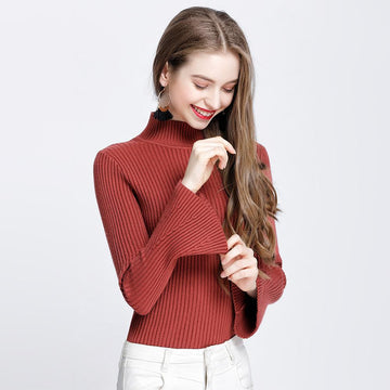 Turtlneck Solid Color Women Long Bell Sleeves Slim Sweater