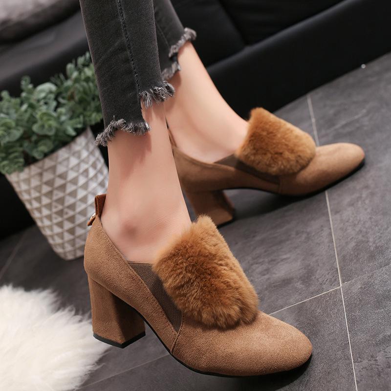 Fur Suede Square Toe Middle Block Heel Short Martin Boots