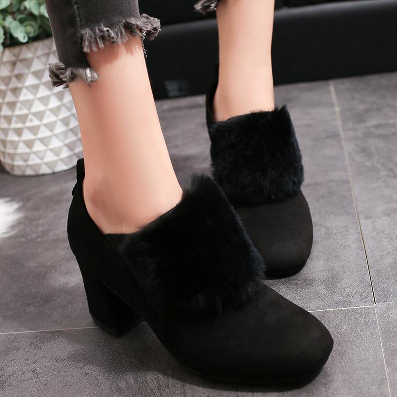 Fur Suede Square Toe Middle Block Heel Short Martin Boots