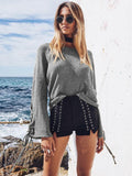 Pure Color Scoop Long Trumpet Sleeves Lace Up Loose Sweater
